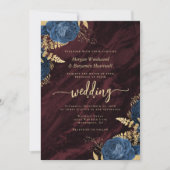 Navy Blue Gold Floral Burgundy QR Code Wedding Einladung (Vorderseite)