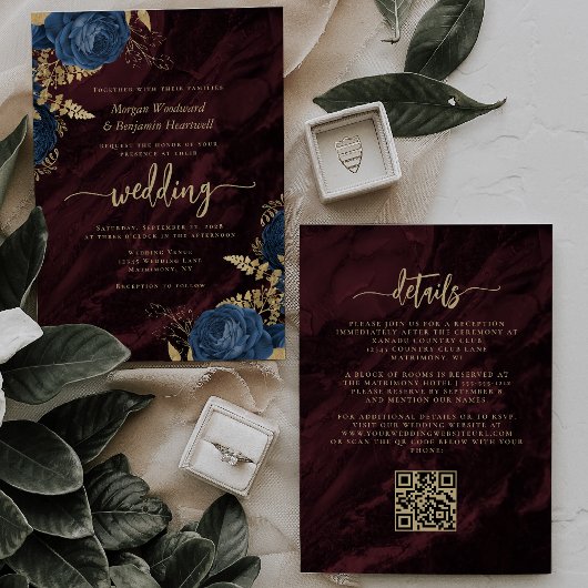 Navy Blue Gold Floral Burgundy QR Code Wedding Einladung