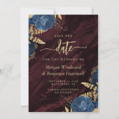 Navy Blue Gold Floral Burgundy Save the Date Einladung (Vorderseite)