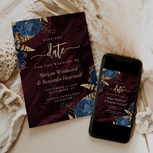 Navy Blue Gold Floral Burgundy Save the Date Einladung