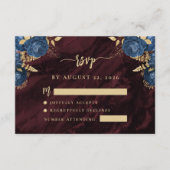Navy Blue Gold Floral Burgundy Script Wedding RSVP Begleitkarte (Vorderseite)