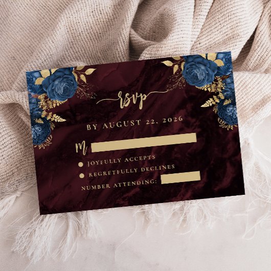 Navy Blue Gold Floral Burgundy Script Wedding RSVP Begleitkarte