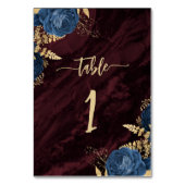 Navy Blue Gold Floral Burgundy Wedding Tischnummer (Vorderseite)