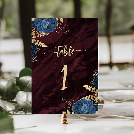 Navy Blue Gold Floral Burgundy Wedding Tischnummer