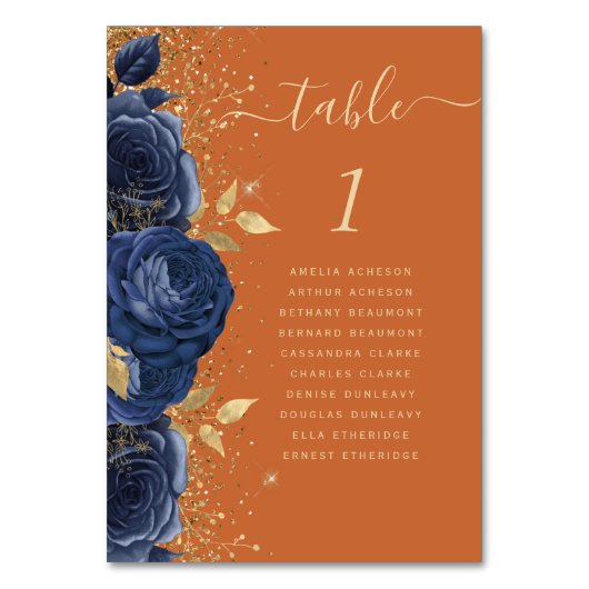 Navy Blue Gold Floral Burnt Orange Wedding Tischnummer (Vorderseite)