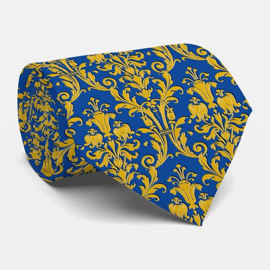 Navy Blue Gold Floral Damask Krawatte (Gerollt)