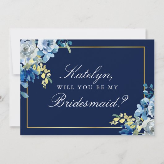Navy Blue Gold Floral Einladung (Vorderseite)