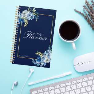 Navy Blue Gold Floral Elegant Personalisiert 2023 Planer