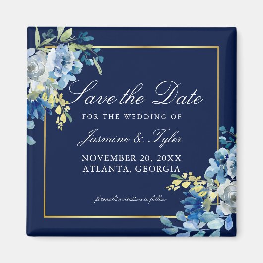 Navy Blue Gold Floral Elegant Save the Date Magnet (Vorne)
