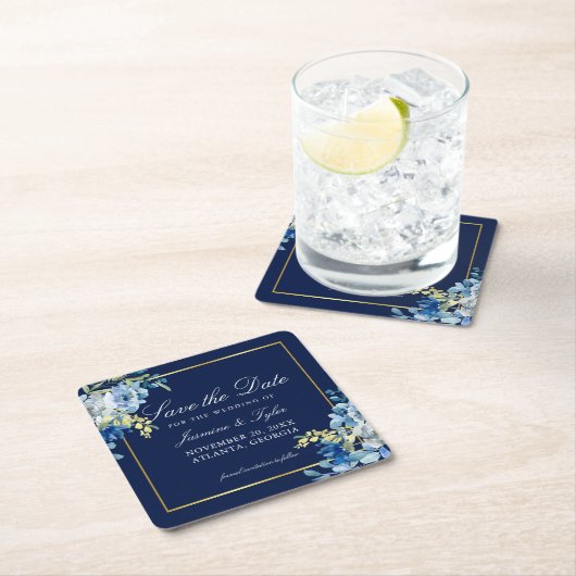 Navy Blue Gold Floral Elegant Save the Date Rechteckiger Pappuntersetzer (Vor Ort)