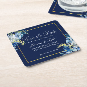 Navy Blue Gold Floral Elegant Save the Date Rechteckiger Pappuntersetzer