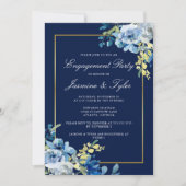 Navy Blue Gold Floral Elegante Engagement Party Einladung (Vorderseite)