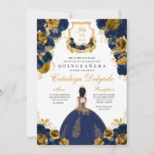 Navy Blue & Gold Floral Elegante Quinceñera Einladung (Vorderseite)