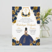 Navy Blue & Gold Floral Elegante Quinceñera Einladung (Stehend Vorderseite)