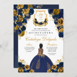 Navy Blue & Gold Floral Elegante Quinceñera Einladung