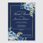 Navy Blue Gold Floral Elegantes Brautparty Magneteinladung (Vorderseite)