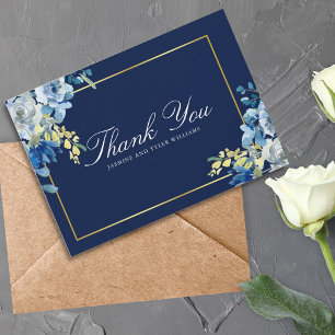 Navy Blue Gold Floral Elegantes White Script Dankeskarte