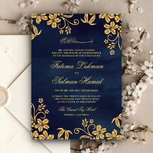 Navy Blue Gold Floral Islamische Hochzeit Einladung