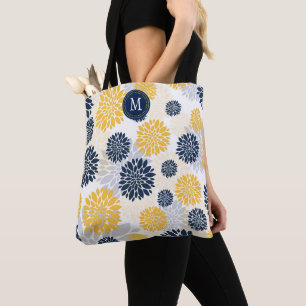 Navy Blue Gold Floral Monogram Tasche