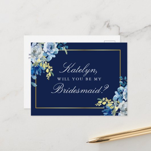Navy Blue Gold Floral Postkarte (Vorderseite/Rückseite Beispiel)