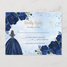 Navy Blue Gold Floral Princess Quinceañera RSVP