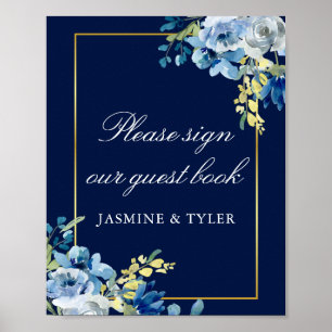 Navy Blue Gold Floral Wedbook Poster