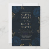 Navy Blue Gold Floral Wedding Einladung (Vorderseite)
