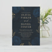Navy Blue Gold Floral Wedding Einladung (Stehend Vorderseite)
