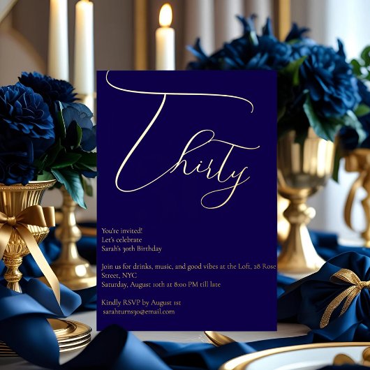 Navy Blue & Gold Foil 30. Geburtstag Einladung