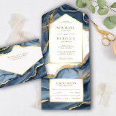 Navy Blue Gold Foil Abstrakt Fluid Ink Wedding All In One Einladung