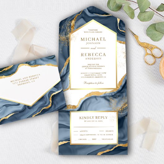 Navy Blue Gold Foil Abstrakt Fluid Ink Wedding All In One Einladung