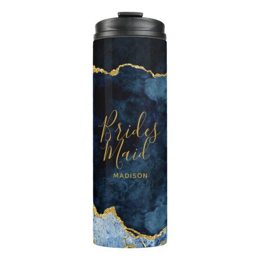 Navy Blue & Gold Foil Agate Marble Bridesmaid Thermosbecher (Vorderseite)