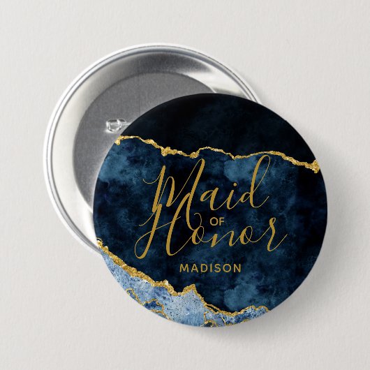 Navy Blue & Gold Foil Agate Marble Trauzeugin Button (Vorne & Hinten)