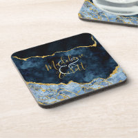 Navy Blue Gold Foil Agate Marble Wedding Monogram