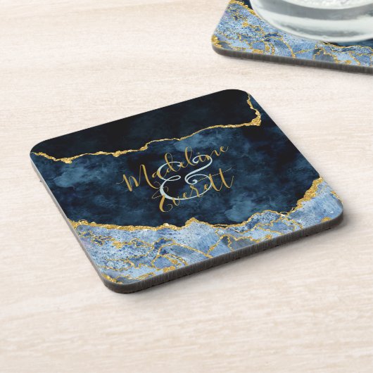 Navy Blue Gold Foil Agate Marble Wedding Monogram Getränkeuntersetzer (Linke Seite)