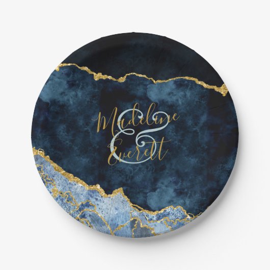 Navy Blue Gold Foil Agate Marble Wedding Monogram Pappteller (Vorderseite)