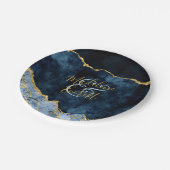 Navy Blue Gold Foil Agate Marble Wedding Monogram Pappteller (Schrägansicht)