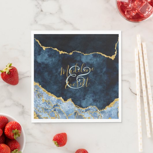 Navy Blue Gold Foil Agate Marble Wedding Monogram Serviette (Beispiel)