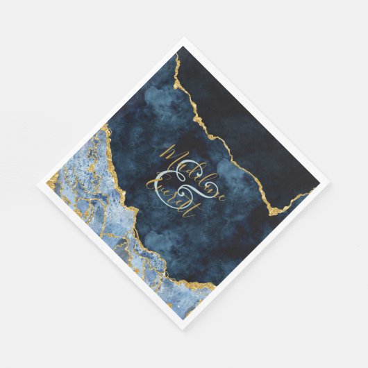 Navy Blue Gold Foil Agate Marble Wedding Monogram Serviette (Ecke)