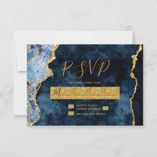 Navy Blue Gold Foil Agate Wedding RSVP Response Karte (Vorderseite)