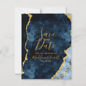 Navy Blue Gold Foil Agate Wedding Save the Date Magneteinladung (Vorderseite)