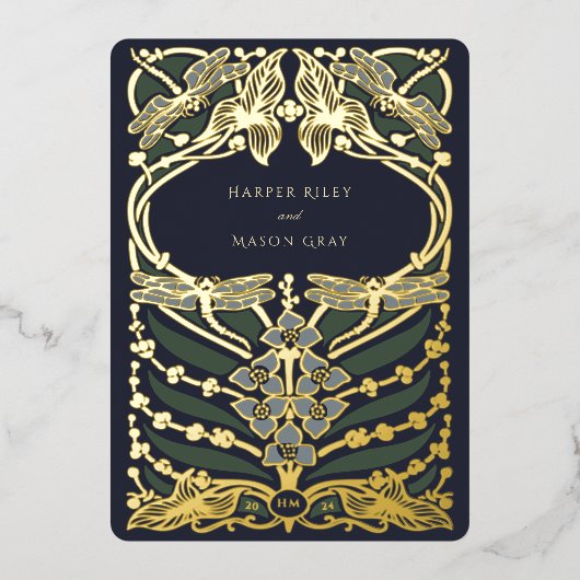 Navy Blue Gold Foil Art Nouveau Dragonfly Hochzeit Folieneinladung (Vorderseite)