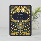 Navy Blue Gold Foil Art Nouveau Dragonfly Hochzeit Folieneinladung (Stehend vorne)