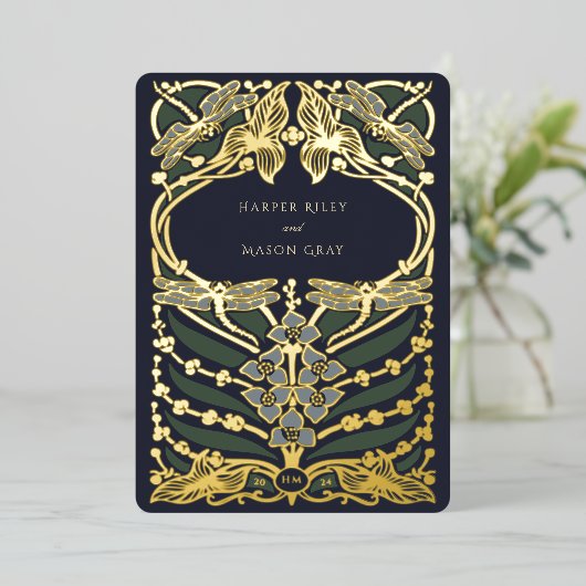 Navy Blue Gold Foil Art Nouveau Dragonfly Hochzeit Folieneinladung (Stehend vorne)