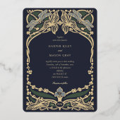Navy Blue Gold Foil Art Nouveau Dragonfly Hochzeit Folieneinladung (Rückseite)