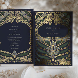 Navy Blue Gold Foil Art Nouveau Dragonfly Hochzeit Folieneinladung