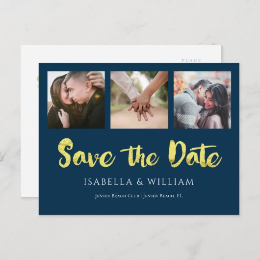 Navy Blue Gold Foil Foto Save the Date Ankündigungspostkarte (Vorne/Hinten)