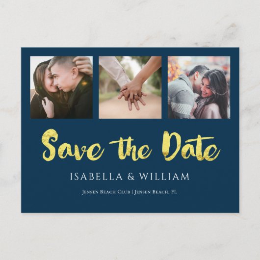 Navy Blue Gold Foil Foto Save the Date Ankündigungspostkarte (Vorderseite)