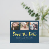 Navy Blue Gold Foil Foto Save the Date Ankündigungspostkarte (Stehend Vorderseite)
