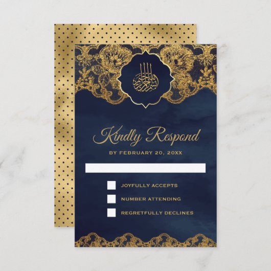Navy Blue Gold Foil Lace Islamische Hochzeit RSVP Karte (Vorne/Hinten)